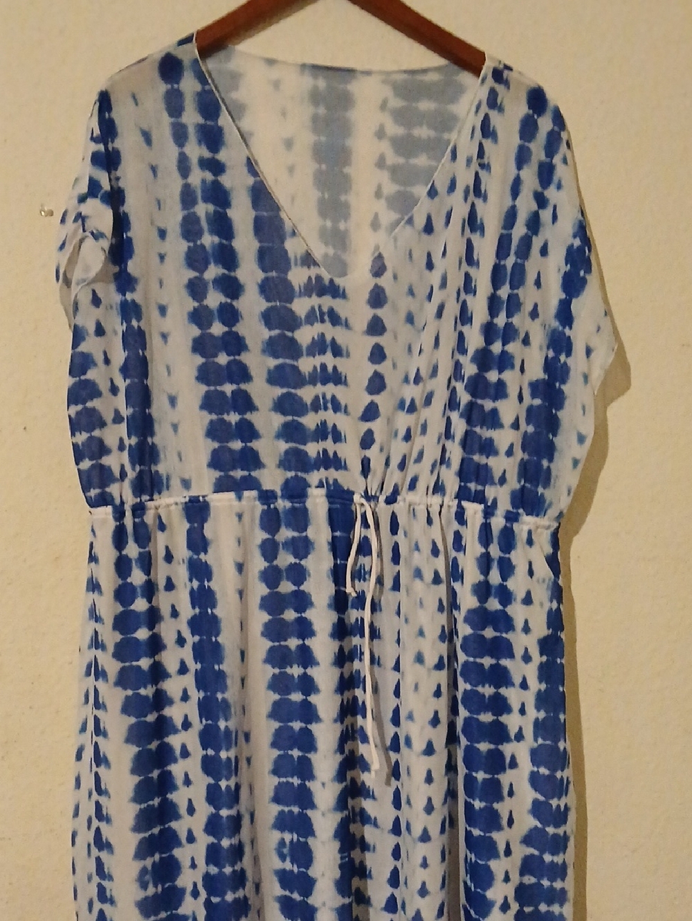 Women’s Blue Tie-Dye V-Neck Swim Coverup with Drawstring
